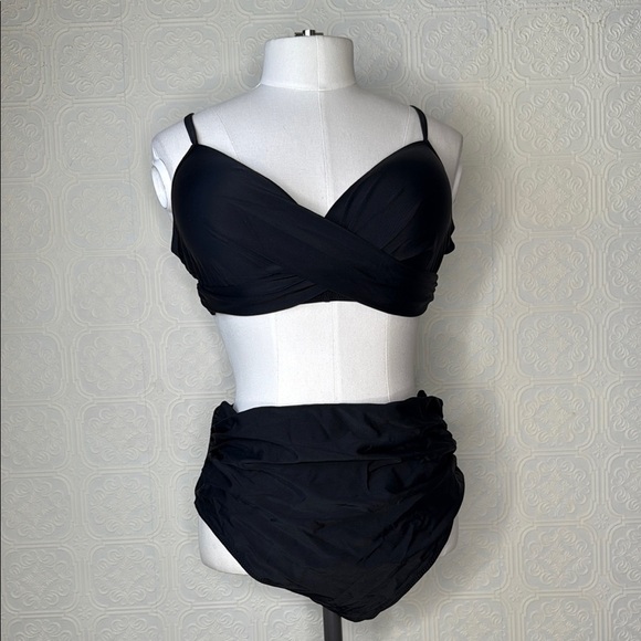 High Waisted Bikini-Set Push Up V Neck Ruched Bottom, Black, Size XL - Picture 7 of 11